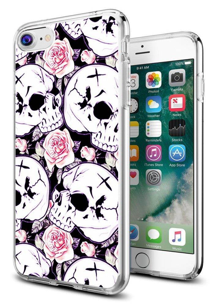 i7 Case Skulls,i8 Case Skulls,Gifun [Anti-Slide] and [Drop Protection] Clear Soft TPU Premium Flexible Protective Case for Apple iPhone 8/iPhone 7 - White Skeleton with Rose