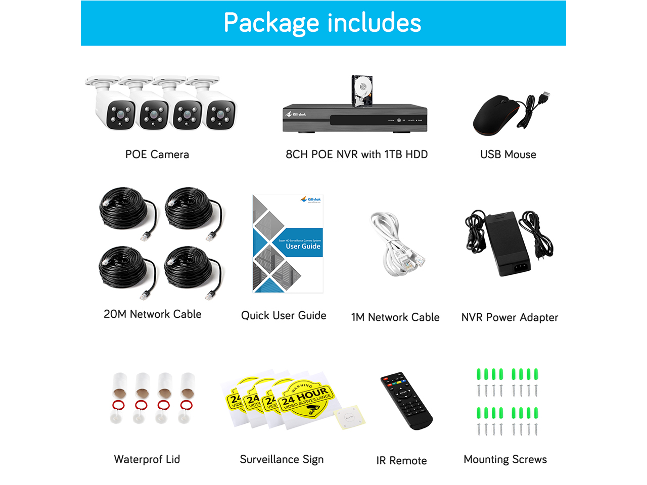 Kittyhok 8CH 2K POE Outdoor Camera Security System Home Surveillance Cameras 4Pcs Wired Outdoor IP Camera with 1TB HDD, IP66 waterproof 2-Way Audio Floodlight Color Night Vision Humanbody Recognize