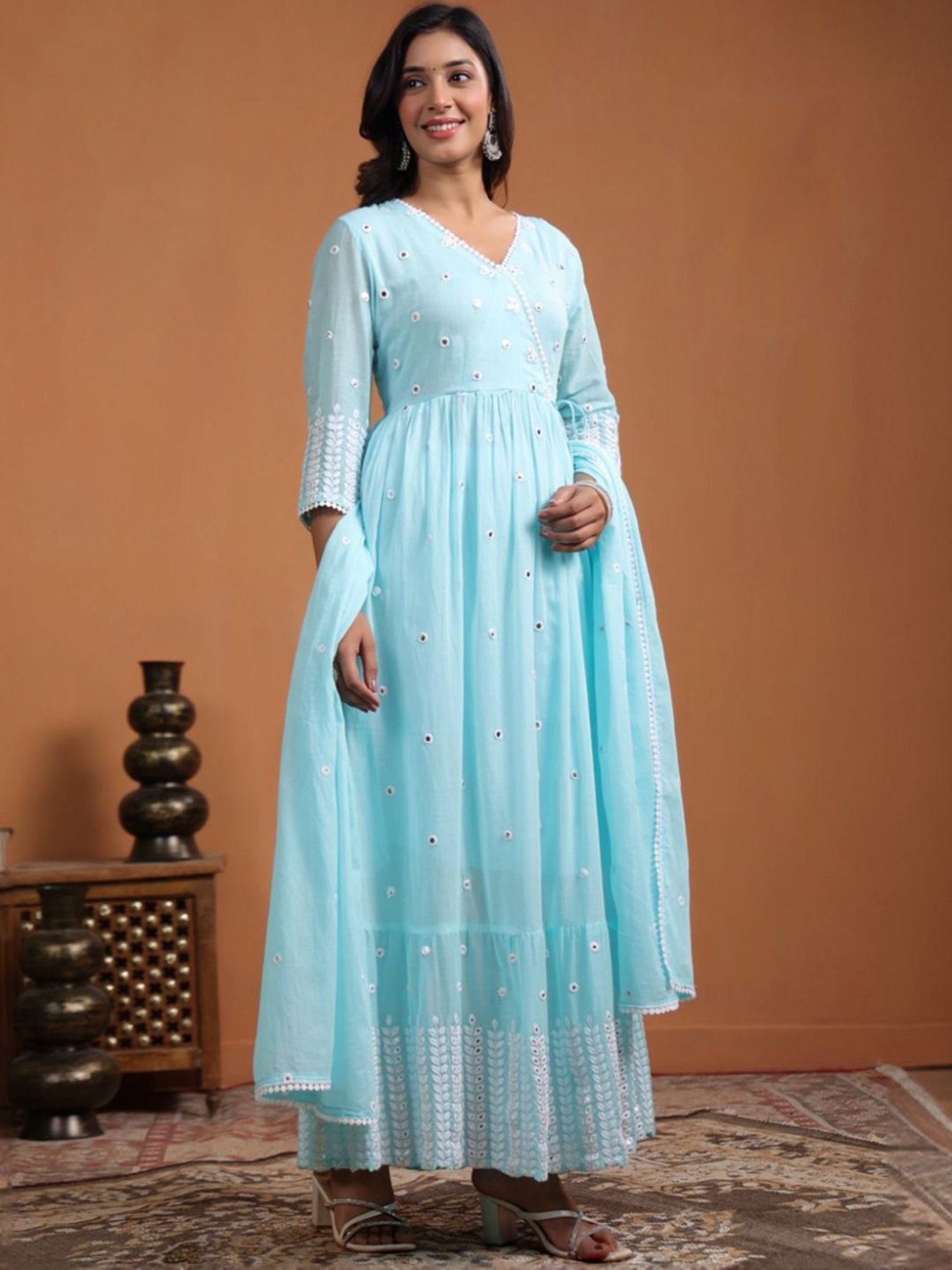 SCAKHI Aqua Blue Mulmul Foilage Mirror Embroidered Angrakha Kurta With Pants And Dupatta