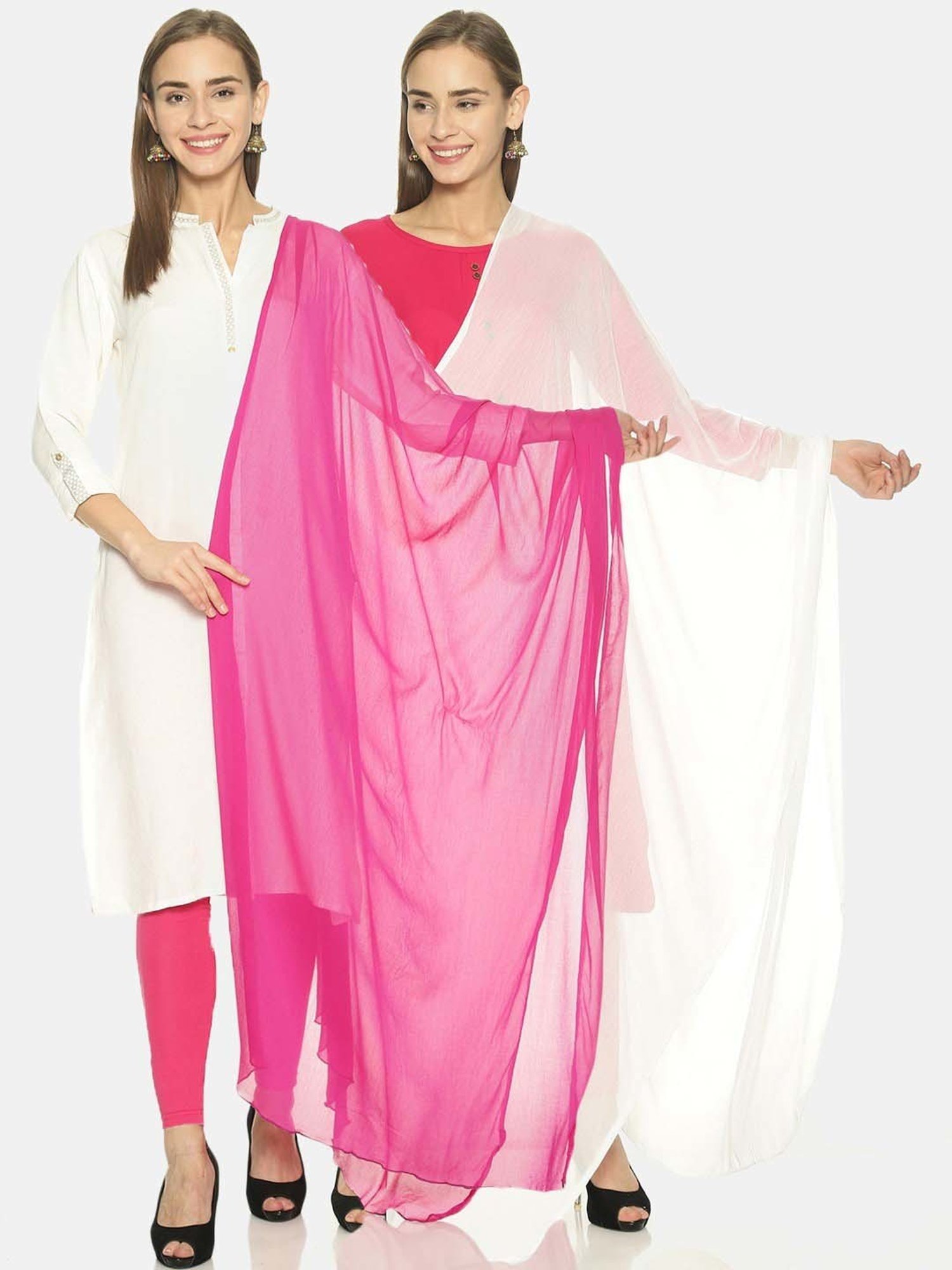 TWIN BIRDS Pink & White Plain Dupatta - Pack Of 2