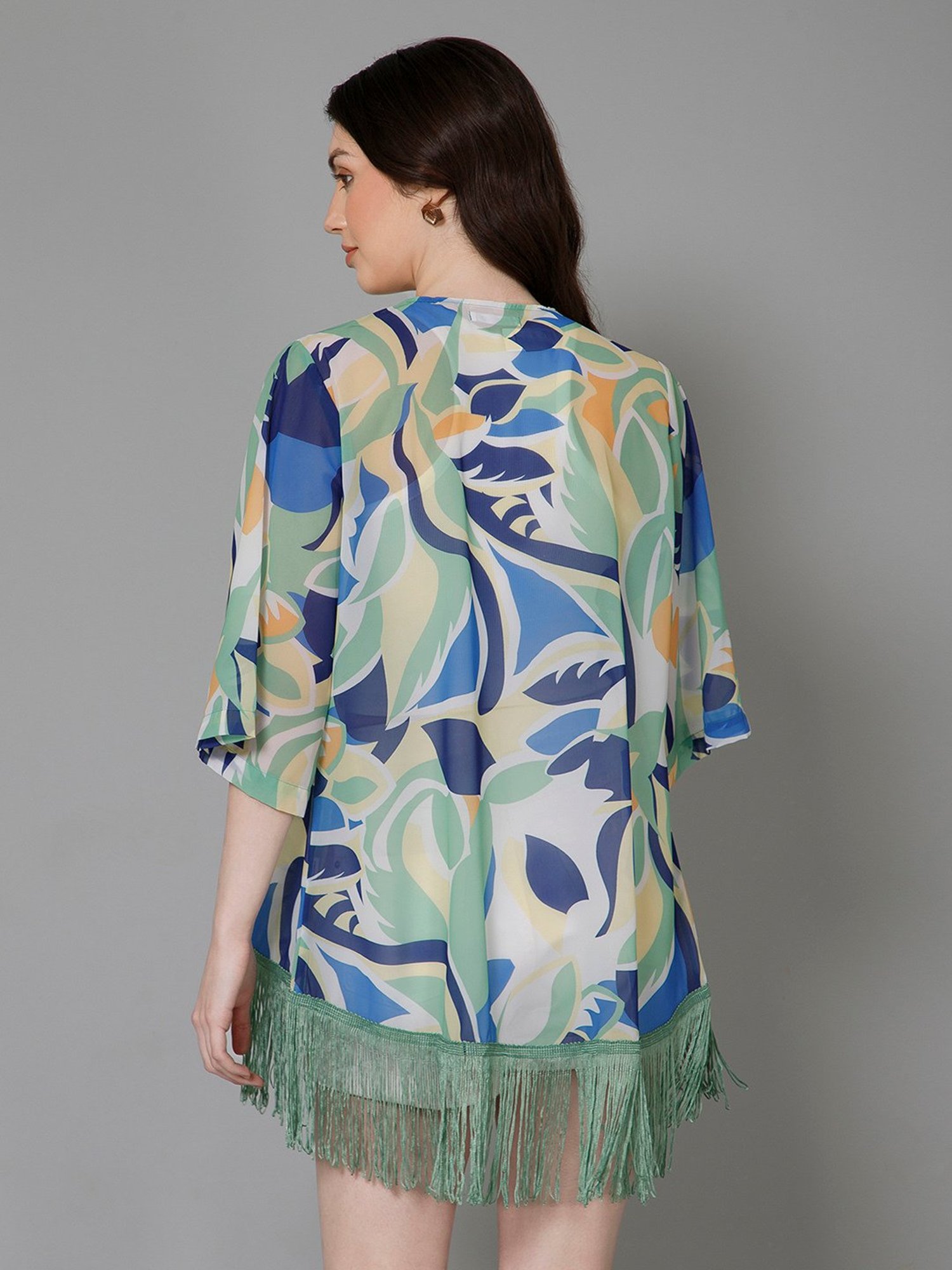 PURYS White & Green Printed Kimono