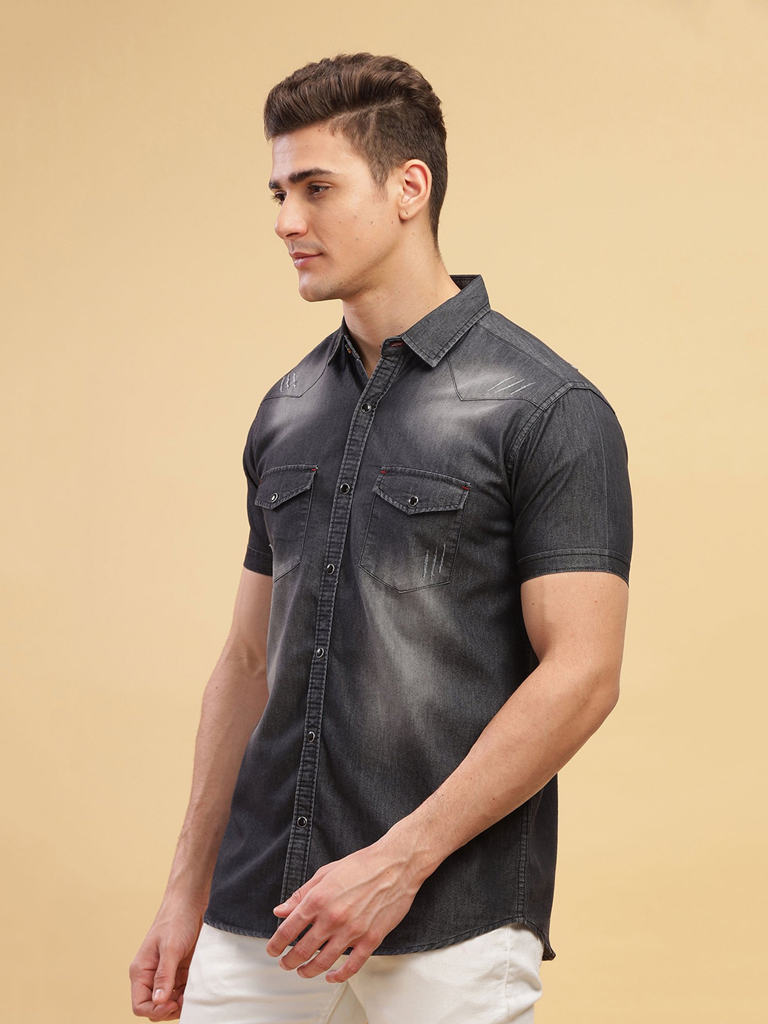 Kuons Avenue Black Slim Fit Denim Shirt