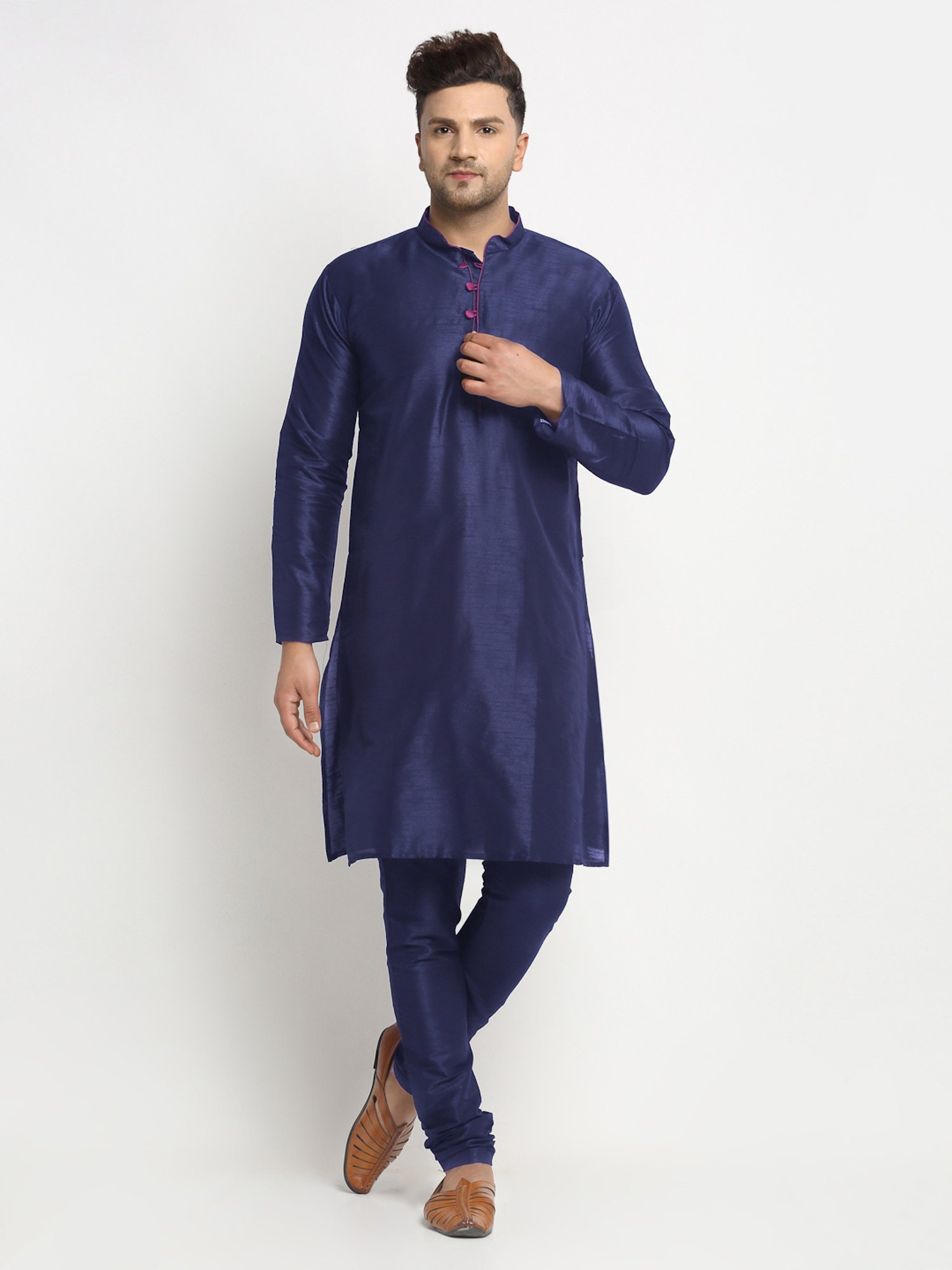 Benstoke Navy Blue Regular Fit Self Pattern Kurta Set With Jacket