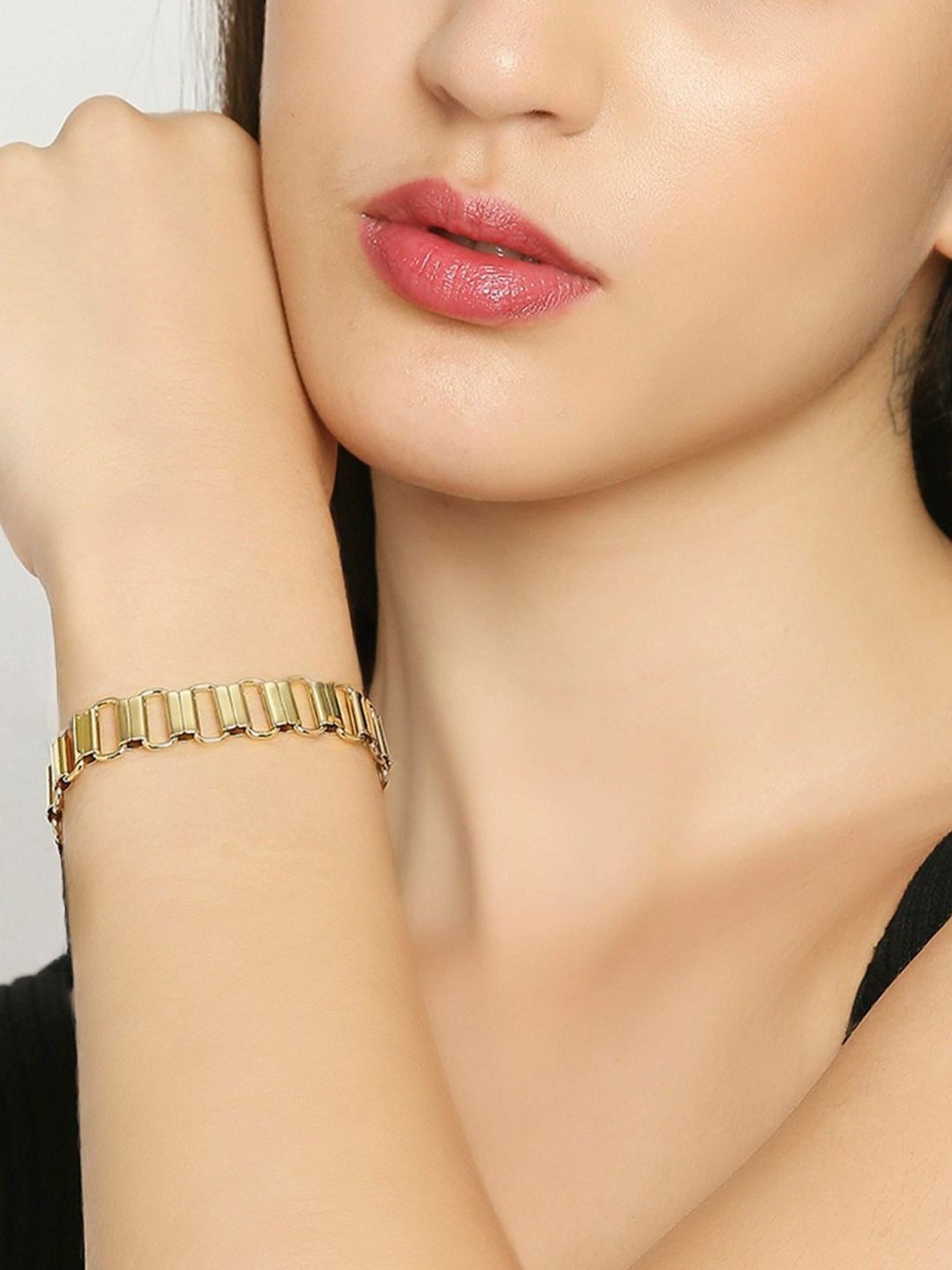 OOMPH Golden Tone Broad Stylish Latest Link Chain Fashion Bracelet for Women