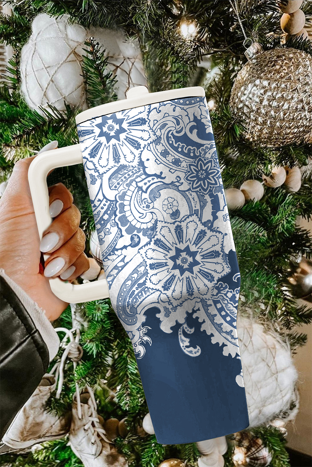 Pink Checkered Print Handled Stainless Steel Tumbler Cup