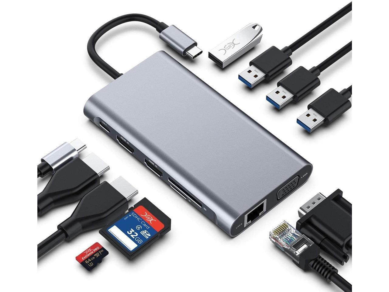 USB C Hub,USB-C Laptop Docking Station,11 in 1 Triple Display Type C Adapter Compatiable for MacBook and Windows(2HDMI VGA PD3.0 SD TF Card Reader Gigabit Ethernet 4USB Ports)