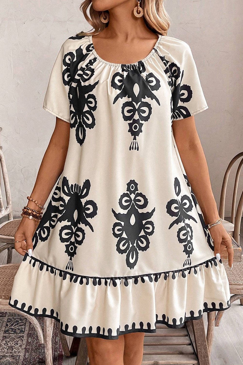 White Frill Mock Neck Sleeveless Tiered Floral Dress