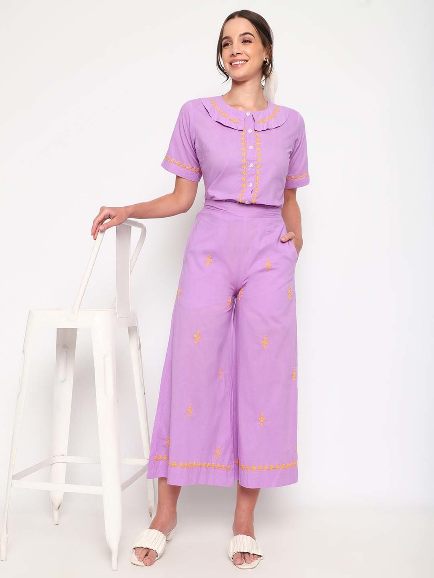 Sringam Purple Cotton Embroidered Top Palazzo Set