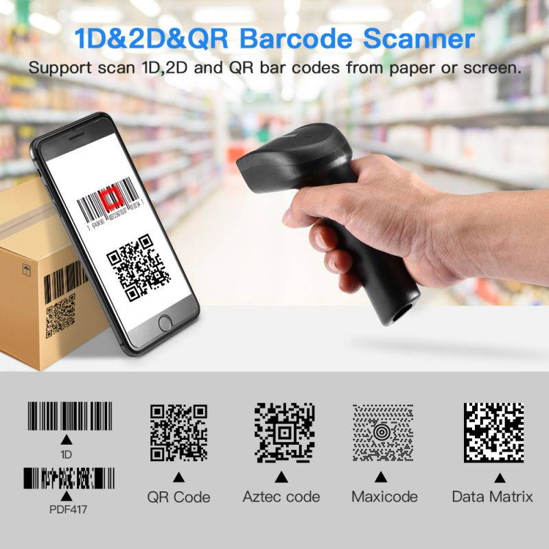 1D 2D QR Wireless Barcode Scanner/ 2-in-1 2.4G Dongle Wireless & USB Wired/ CCD PDF417 Data Matrix Handheld Bar Code Reader /  Windows PC Laptop Desktop