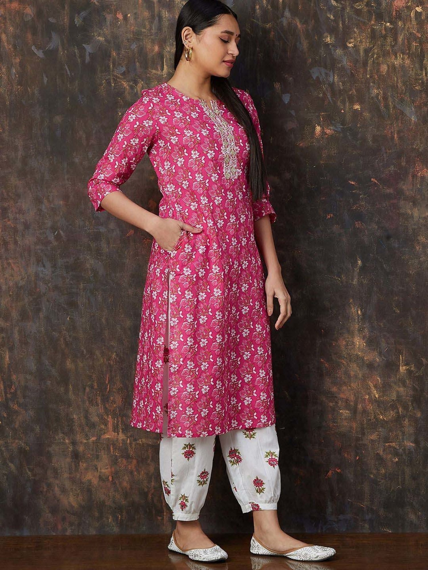 Melange by Lifestyle Pink & White Cotton Printed Kurta & Salwar Set