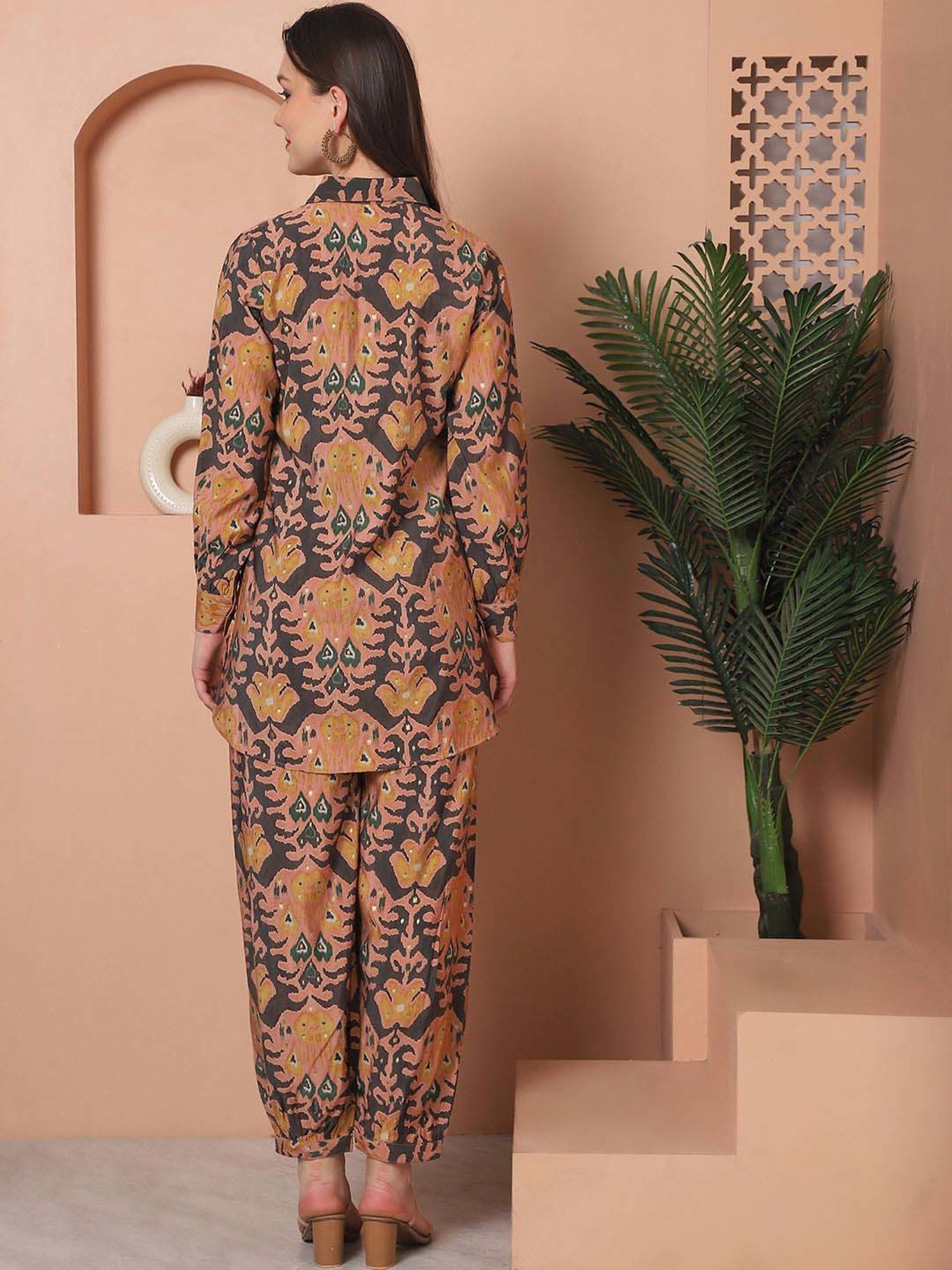 Claura Peach & Brown Printed Top Salwar Set