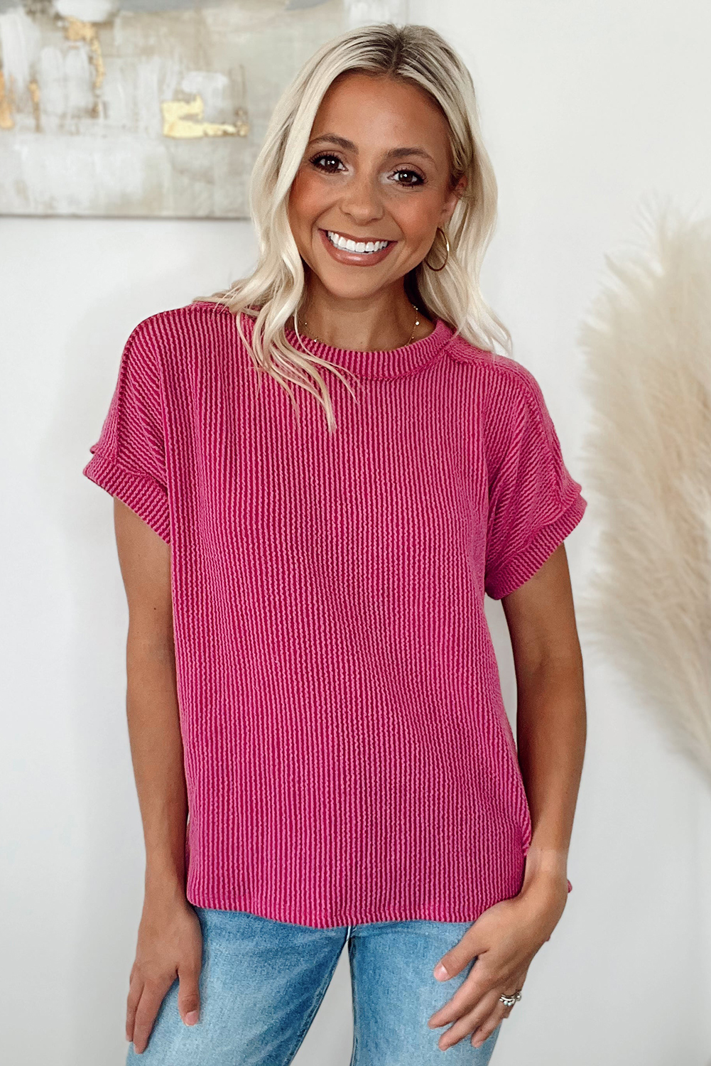 Rose Red Crinkle Rib Textured Knit Round Neck T Shirt