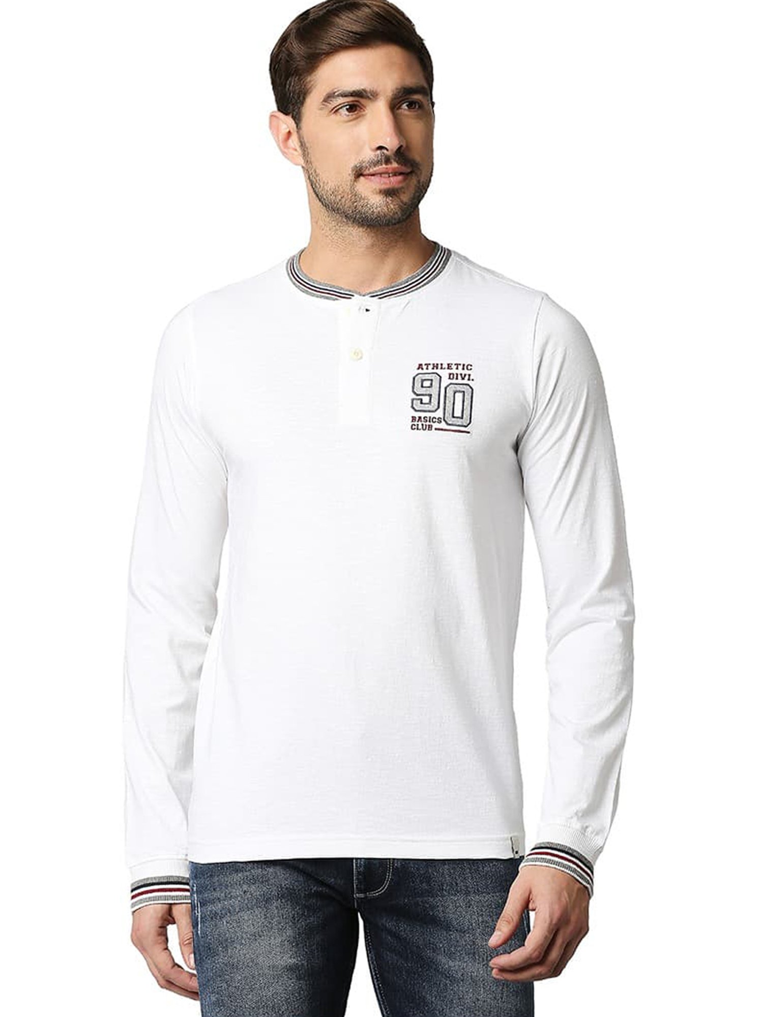 Basics Bright White Cotton Muscle Fit Henley T-Shirt