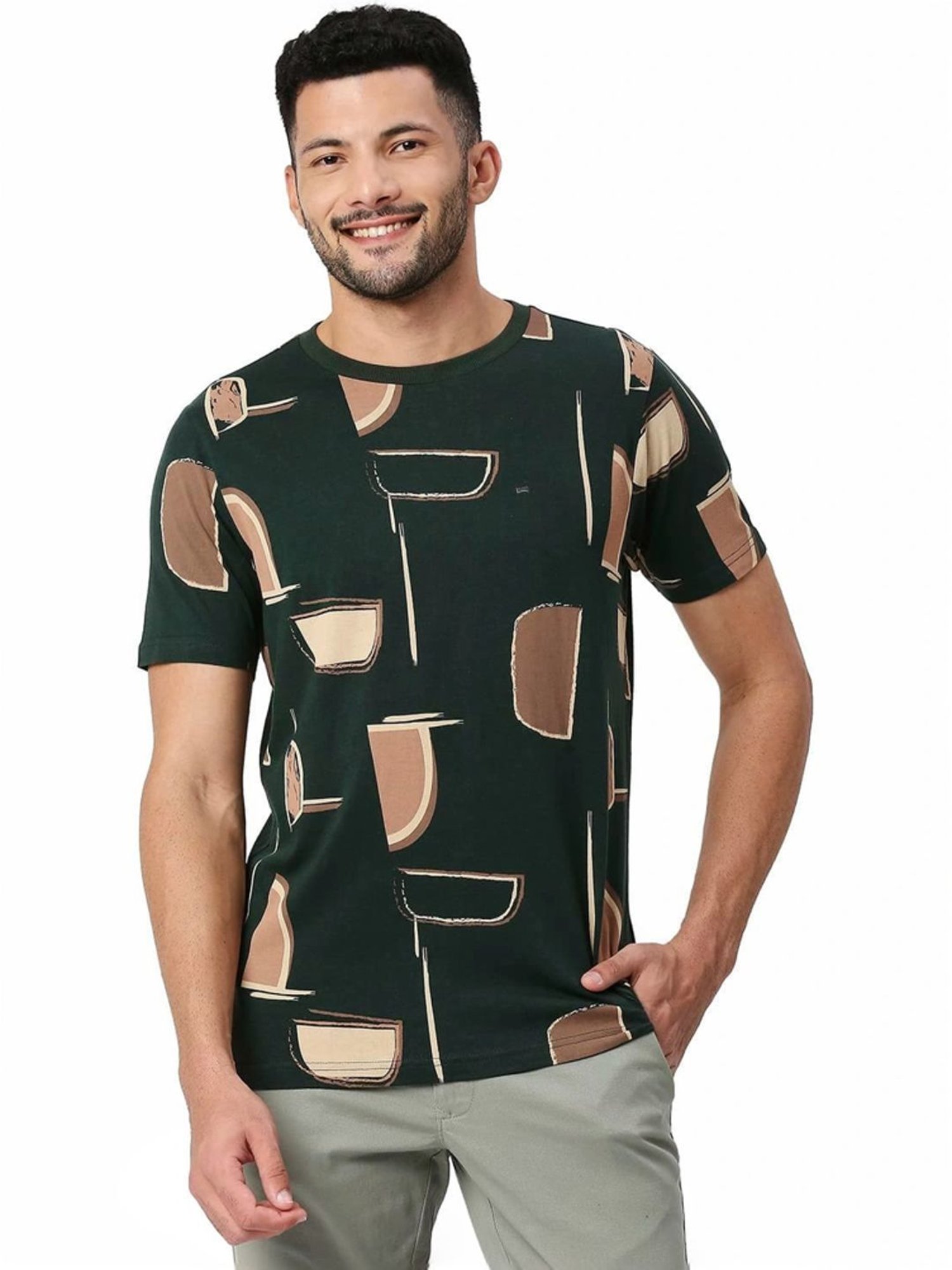 Basics Green Muscle Fit Printed T-Shirt