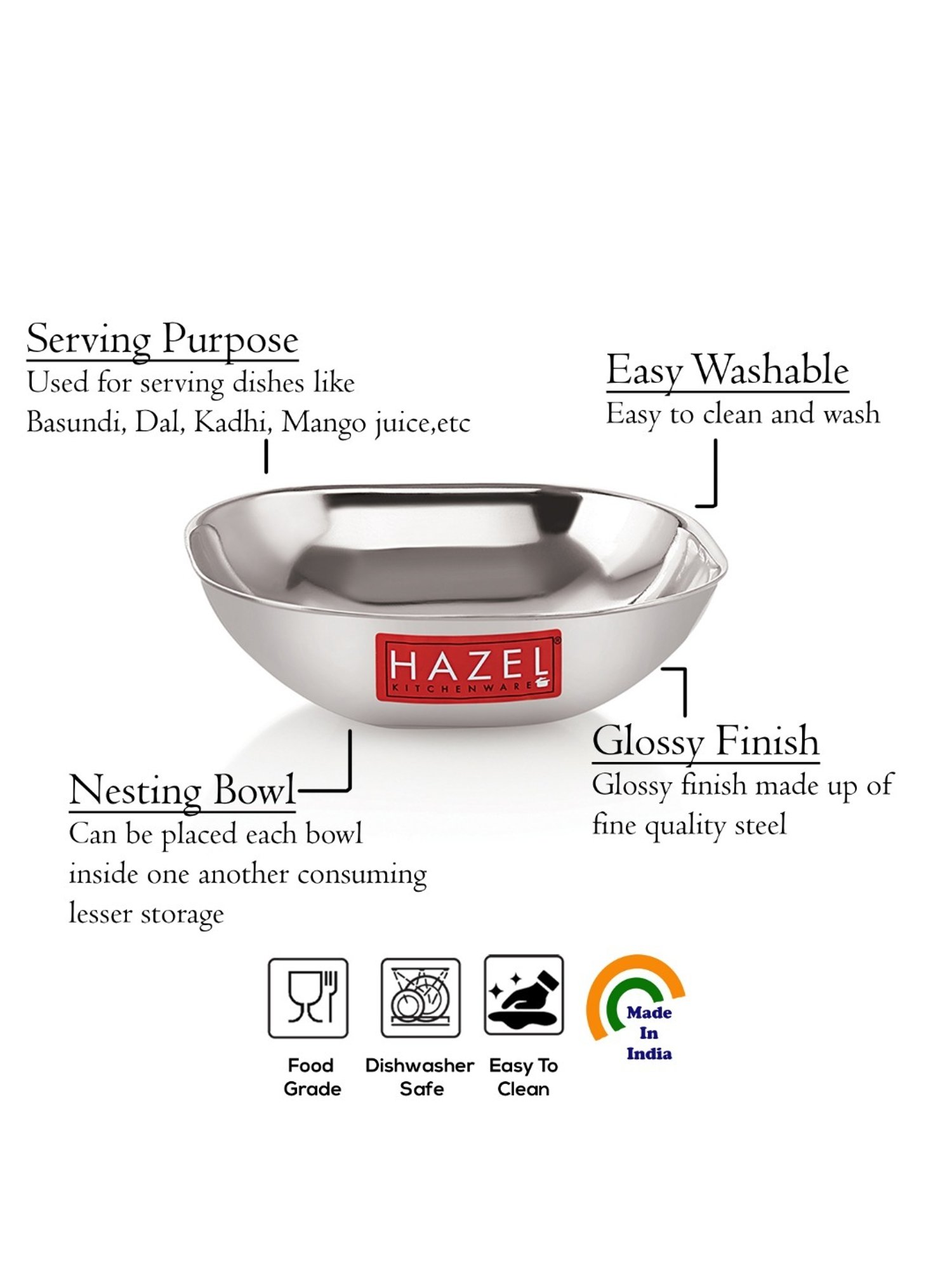 HAZEL Silver Stainless Steel Square Shaped Bowl for Snacks (260ml)