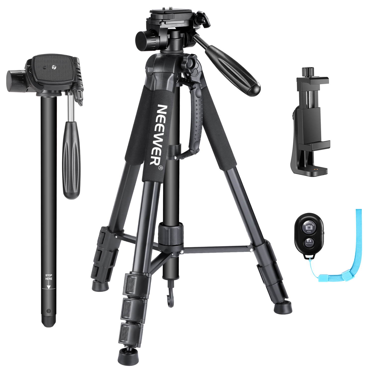 Neewer 70 inches Aluminium Camera Tripod Monopod with 3-Way Swivel Pan Head,Cellphone Holder,Bluetooth Remote,Bag for iPhone,Samsung,Huawei Smartphone,DSLR Camera,Load Up to 8.8 Pounds Black (SAB264)