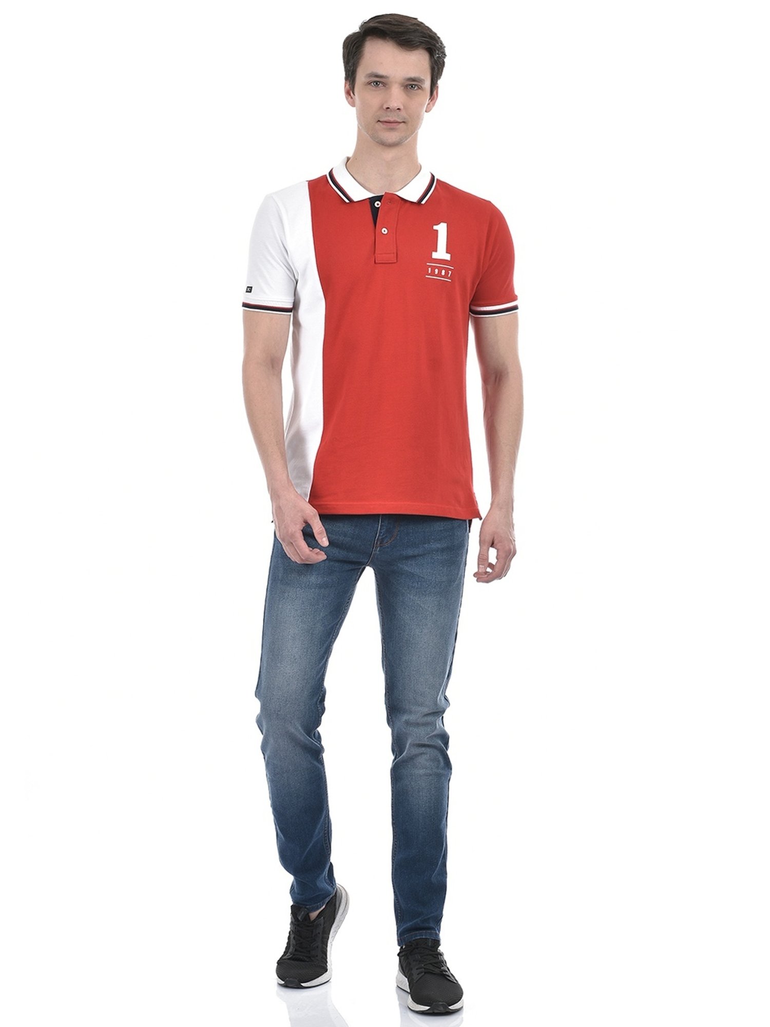 Numero Uno Red Cotton Regular Fit Colour Block Polo T-Shirt