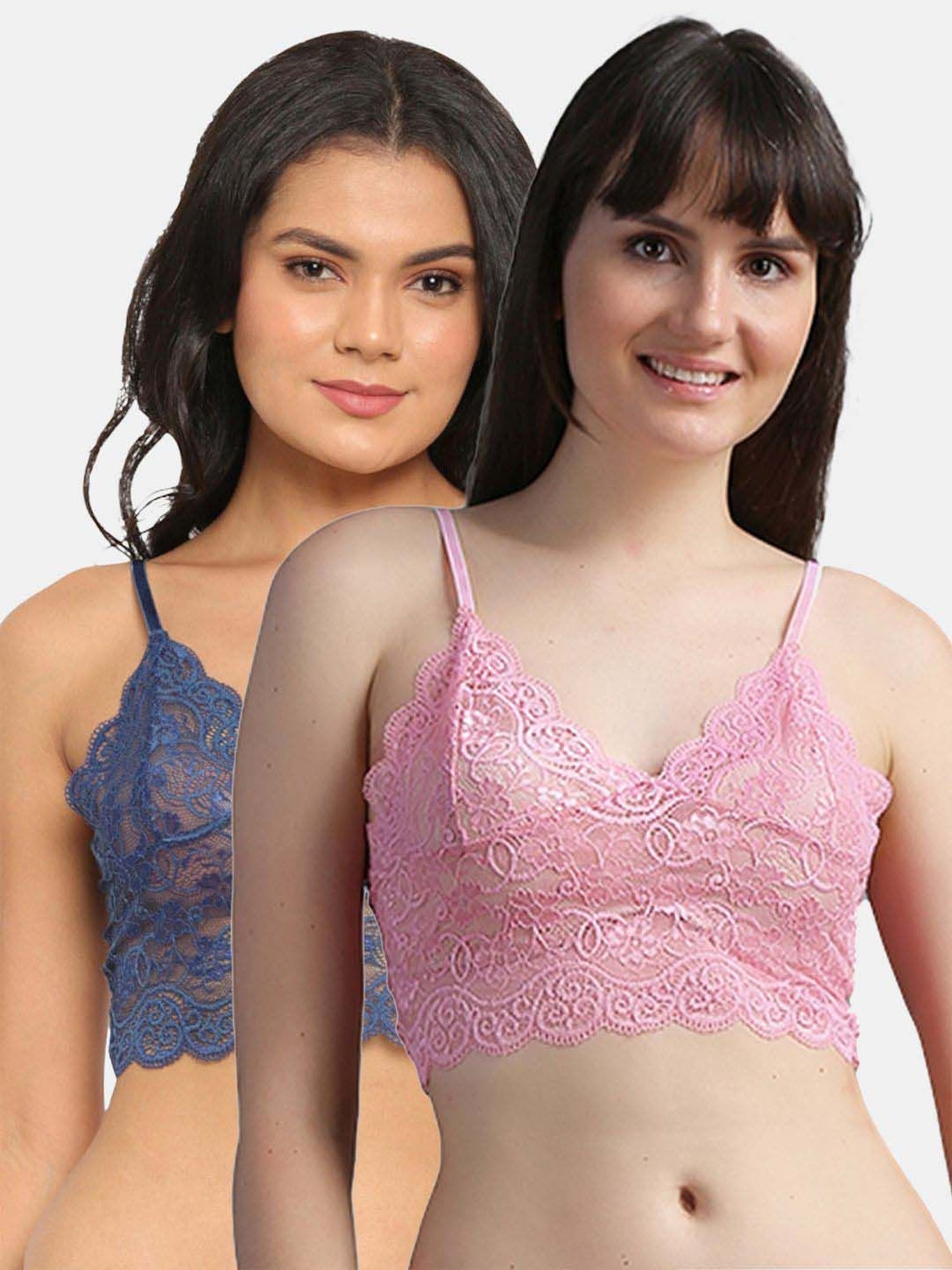 N-Gal Pink & Blue Lace Work Bralette Bras - Pack Of 2