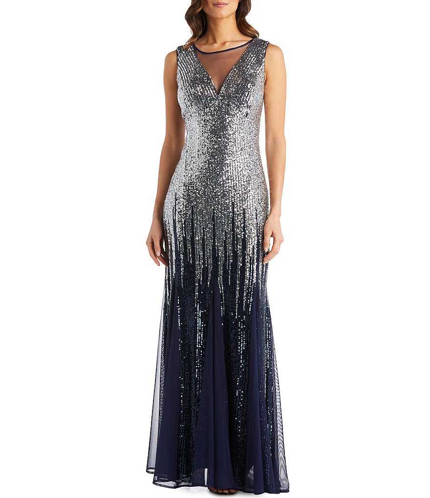 R & M Richards Illusion Neck Sleeveless Ombre Sequin Godet Gown