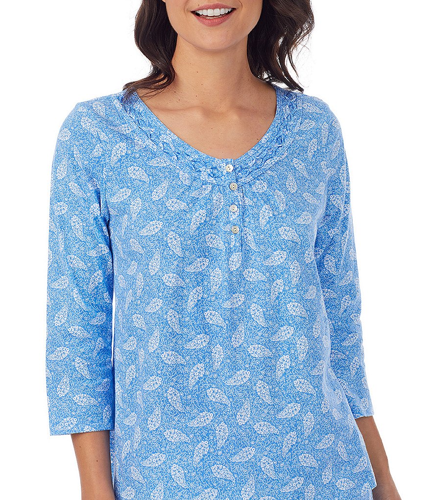 Carole Hochman Distressed Paisley Print V-Neck 3/4 Sleeve Drawstring Tie Jersey Knit Coordinating Pajama Set