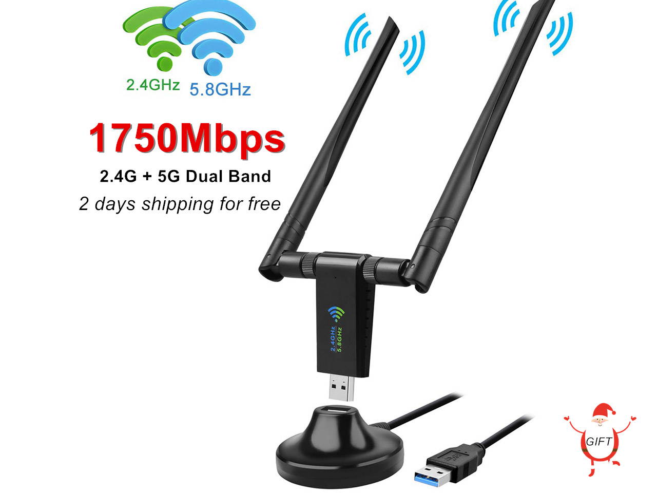 2020 1750Mbps Wireless USB Wifi Adapter, AC1750 Dual Band 2.4GHz/450Mbps 5GHz/1300Mbps wifi Lan Card,802.11 ac/a/b/g/n, Dual High Gain Dual 5dBi Antennas Network dongle for Windows XP/7/8/10,MAC OS X