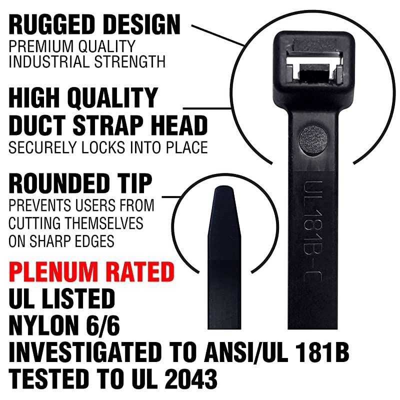 Plenum Rated HVAC Cable Ties 24-in 175 Lb Heavy Duty Self Locking UV Resistant Black Zip Ties, 50 Pack, UL Listed, Contractor Quality and Strength