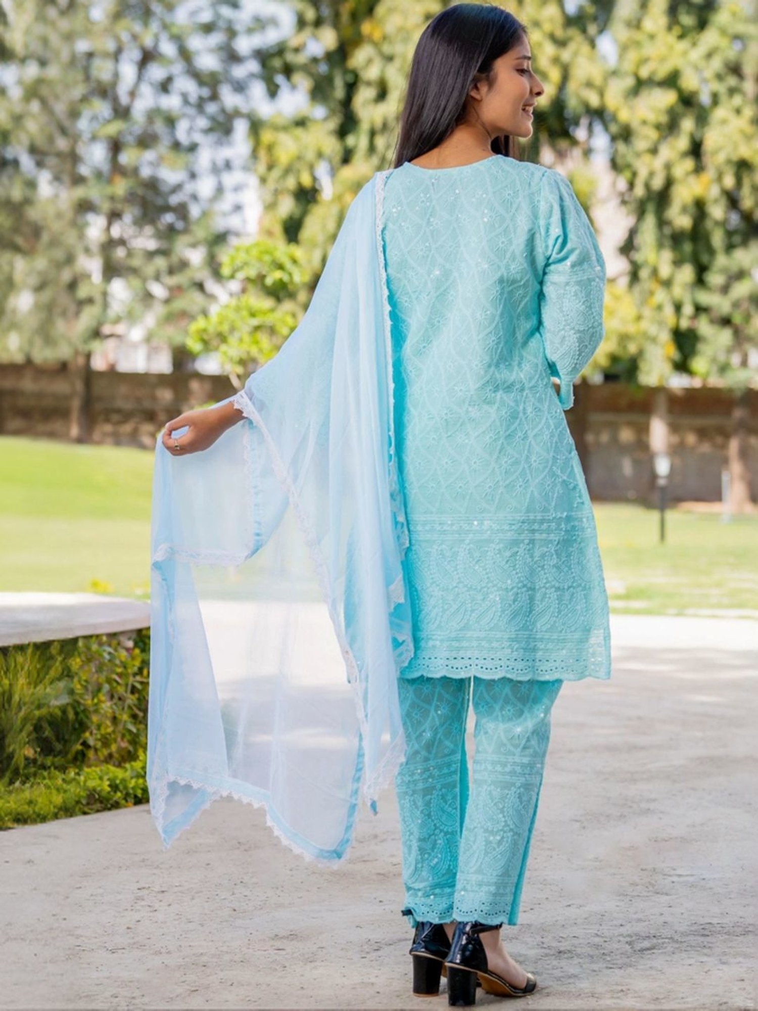 HOUSE OF JAMOTI Blue Cotton Embroidered Kurta Pant Set With Dupatta