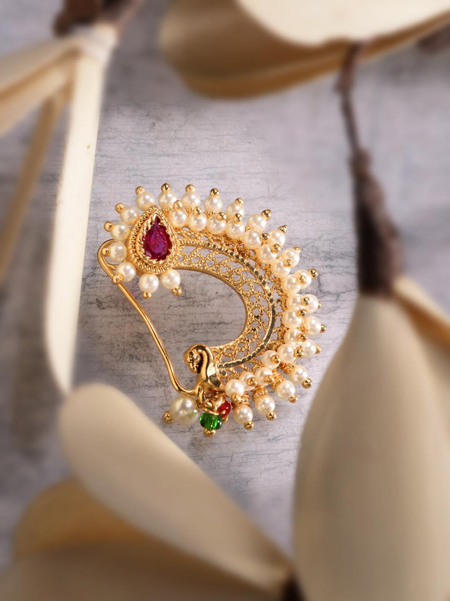 Saraf Rs Jewellery Gold Toned Red Stone Studded Marathi  Nath Nosepin