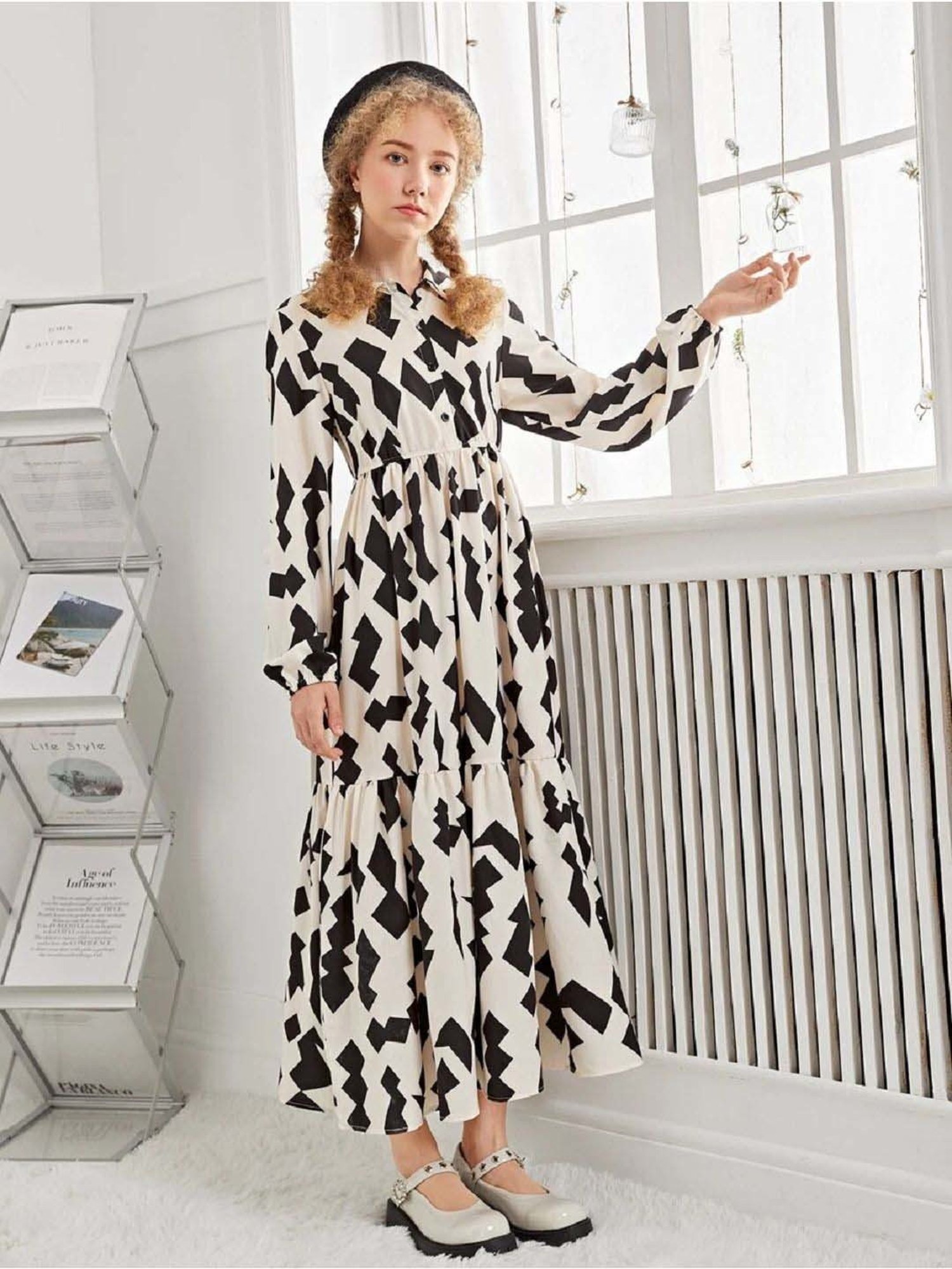 Bolly Lounge Girls Black & White Floral Full Sleeves Dress