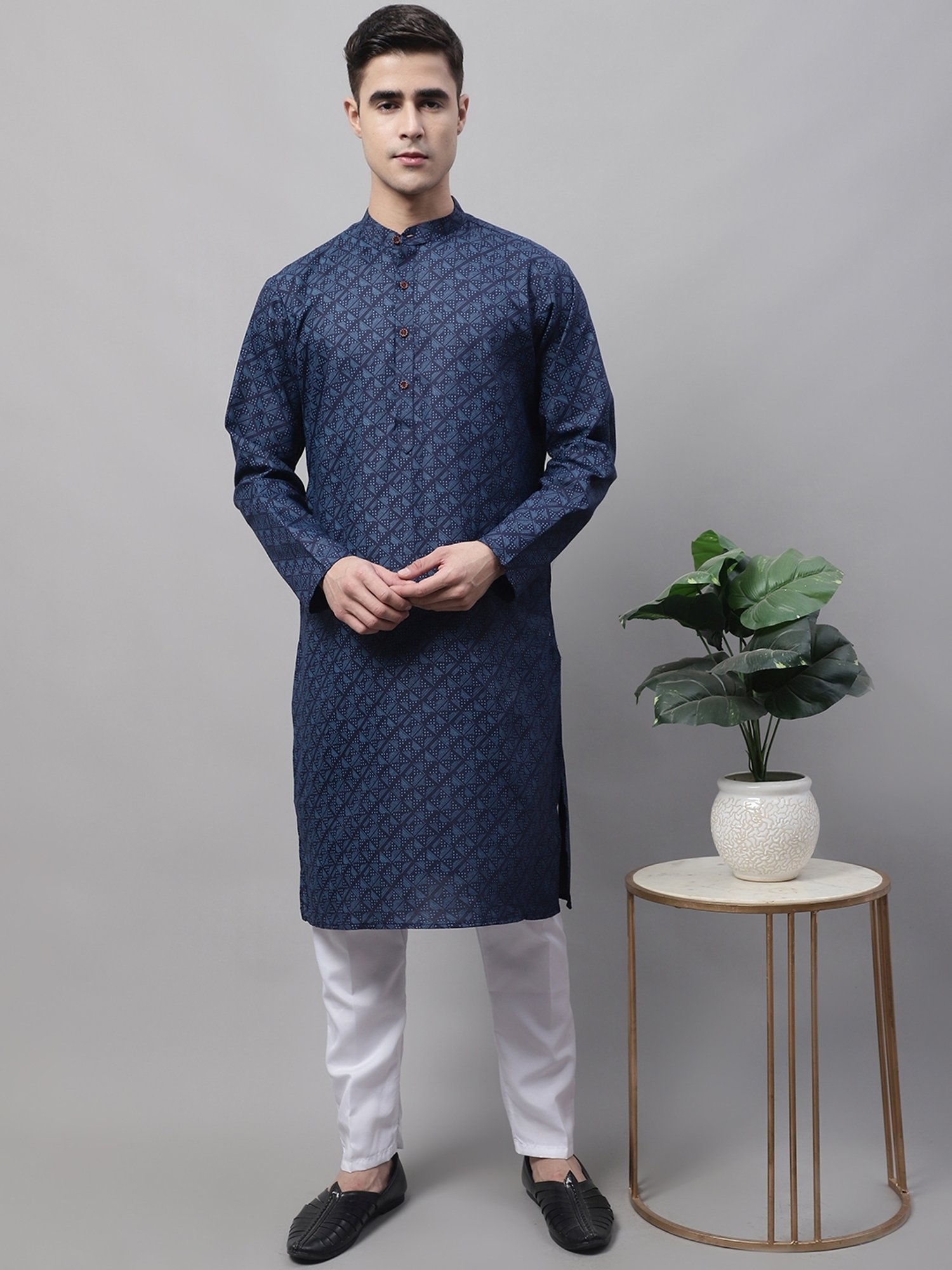 Jompers Navy & White Pure Cotton Regular Fit Printed Kurta Bottom Set