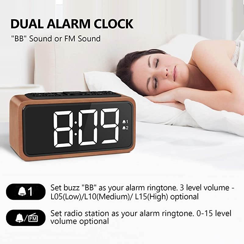 Alarm Clock, Large LED Display Wood Digital FM Alarm Clock, Adjustable Brightness Dimmer and Snooze, Simple LED Clock with Dual Alarm, 12/24 Hour, Powered by AC Adapter (White LED)