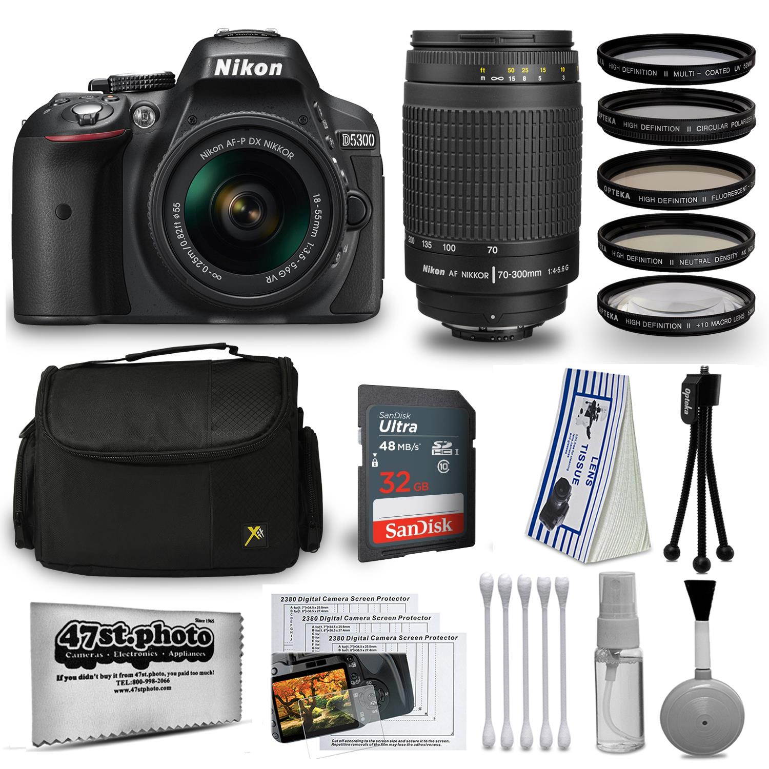 Nikon D5300 24MP DSLR Digital Camera AF-P 18-55mm + NIKKOR Lens 70-300mm + High Definition Professional 5 Piece Filter Kit + 32GB Memory SD Card Accessories Bundle Kit