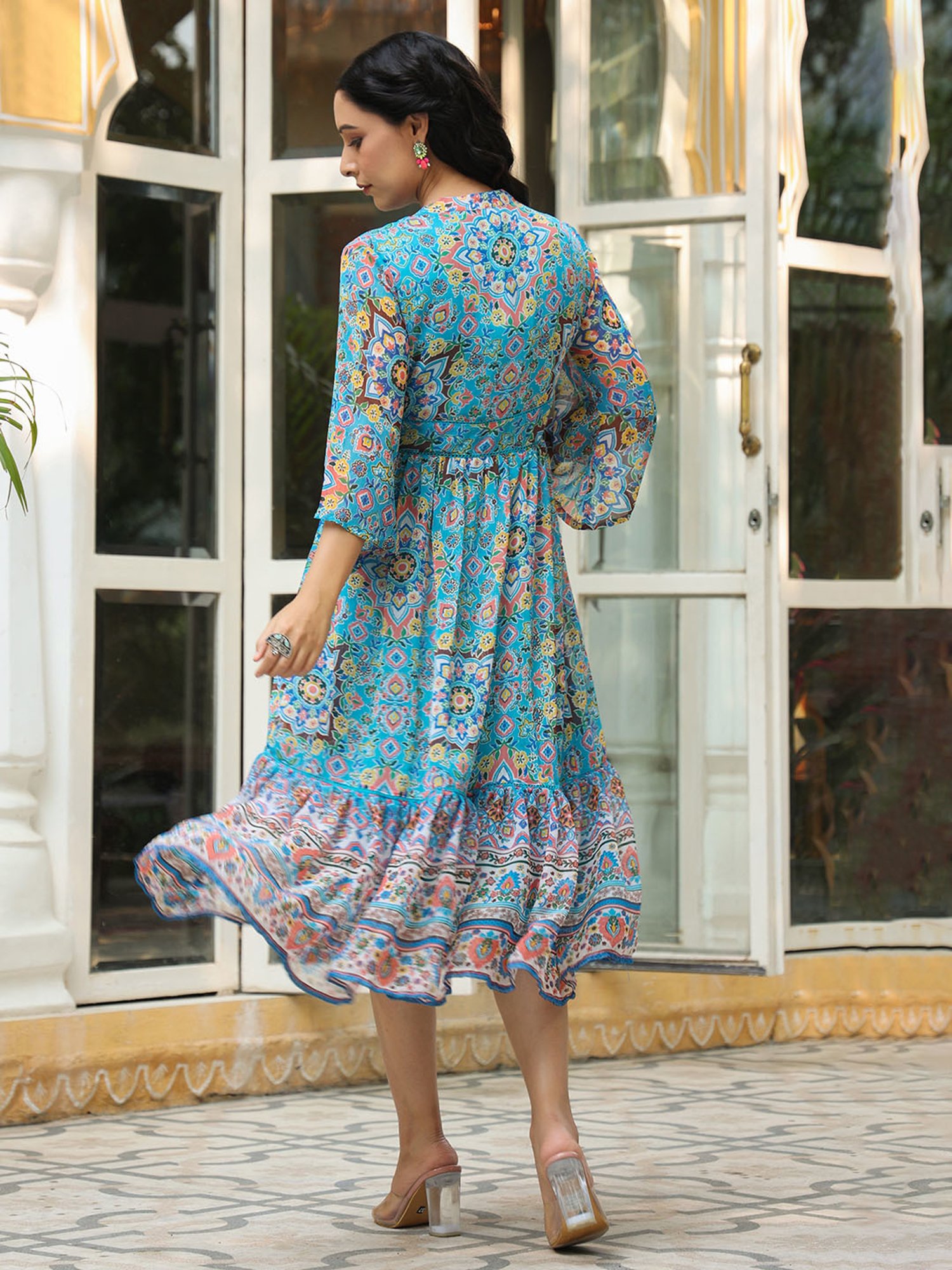 Juniper Aqua Blue Geometric Printed Chiffon Tiered Maxi Dress With Buttons