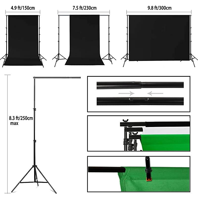 Photo Backdrop Stand,8 x 10ft Video Photography Backdrops Stand and 3 Colors (White Black Green) Photo Backdrop,Adjustable Photo Backdrop Stand Kit Support System with Carry Bag and 3 Clamps
