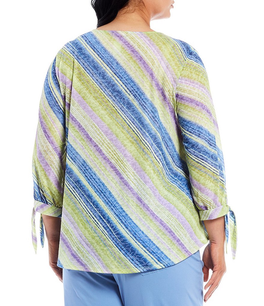 Ruby Rd. Plus Size Embellished Watercolor Stripe Jewel Neck Bow Cuff 3/4 Sleeve Top