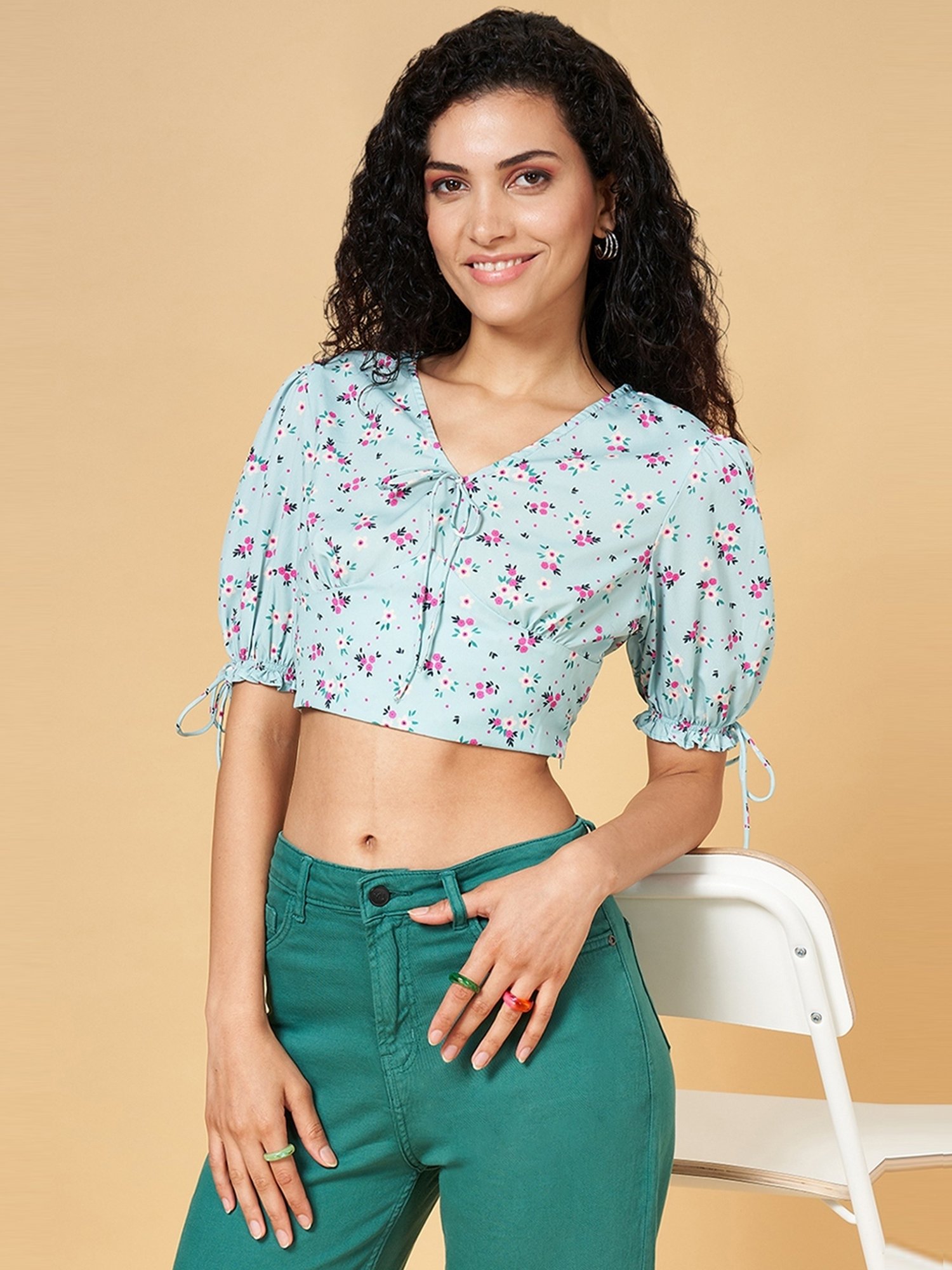 YU by Pantaloons Blue Printed Crop Top