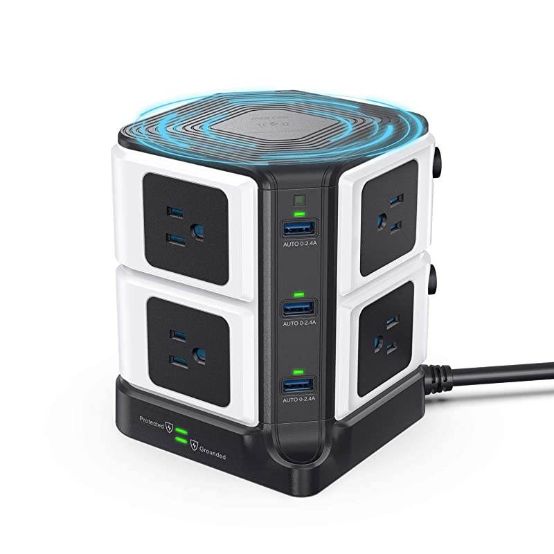 1500 Joules Surge Protector with Wireless Charger 8Outlet Power Strip Tower with 40W 6Port USB Charging Station6 Feet Extension CordETL Listed
