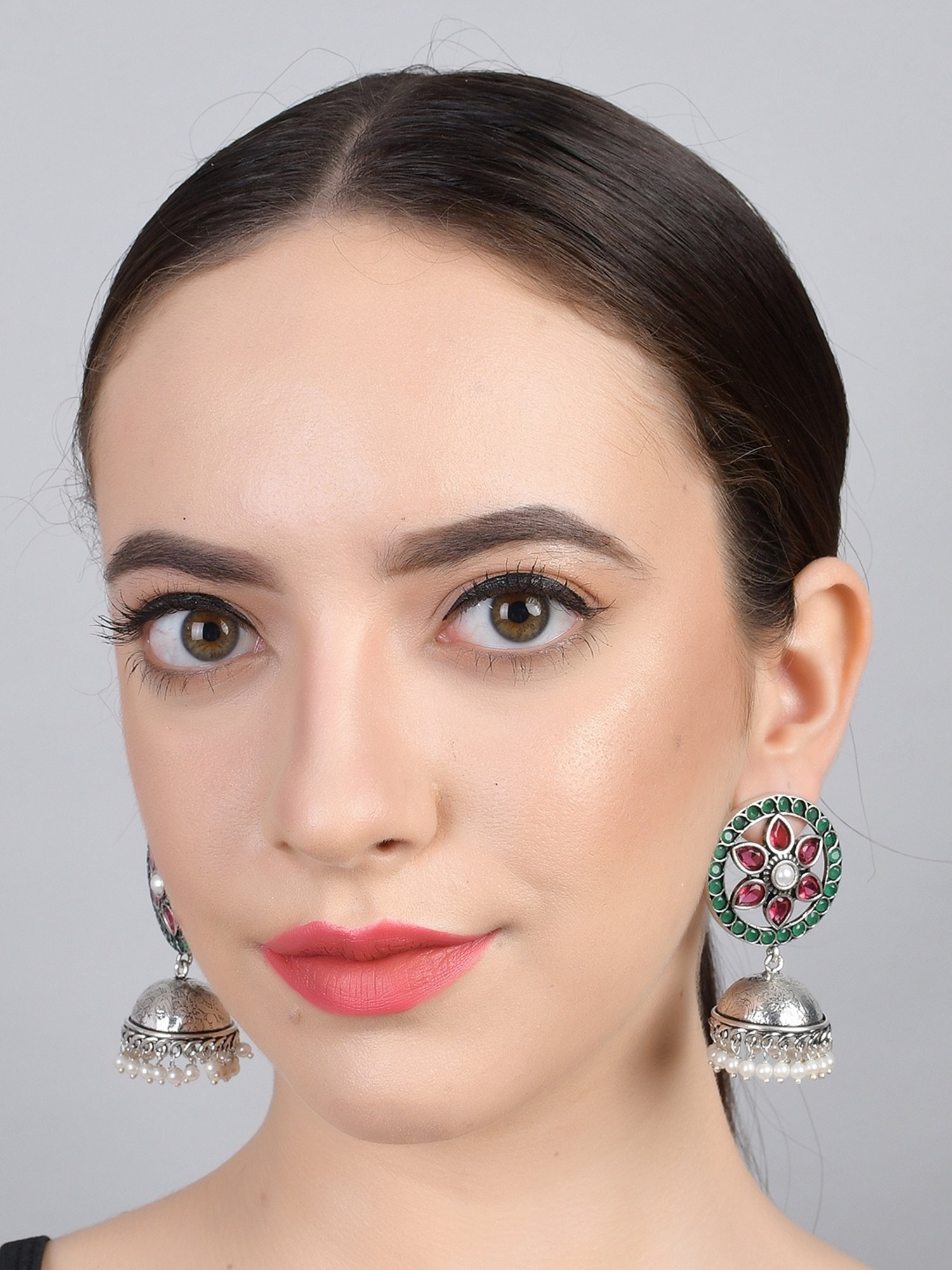 Imli Street Green-Pink Silver Tone Stone-Studded Handcrafted Jhumki Earrings