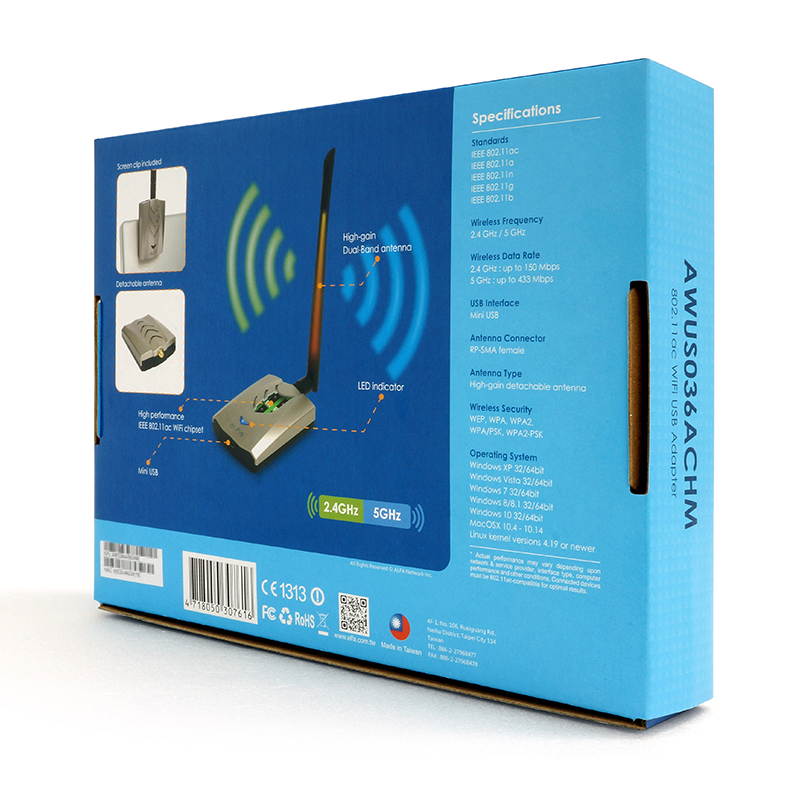 ALFA AWUS036ACHM 802.11ac Dual Band High Power Mediatek MT7610U WiFi USB Adapter