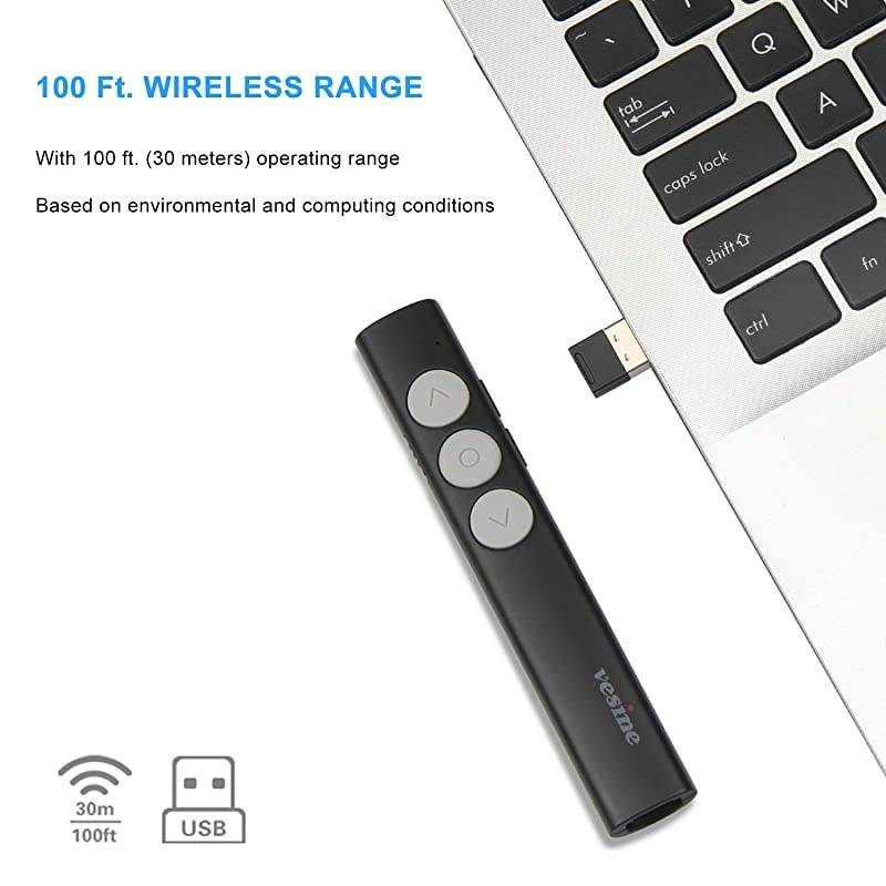 Wireless Presenter 24GHz RF Up to 100 Ft Range Professional Presentation Remote Rechargeable Universal Compatibility Intuitive TouchKeys for Slideshow Control Clicker Black
