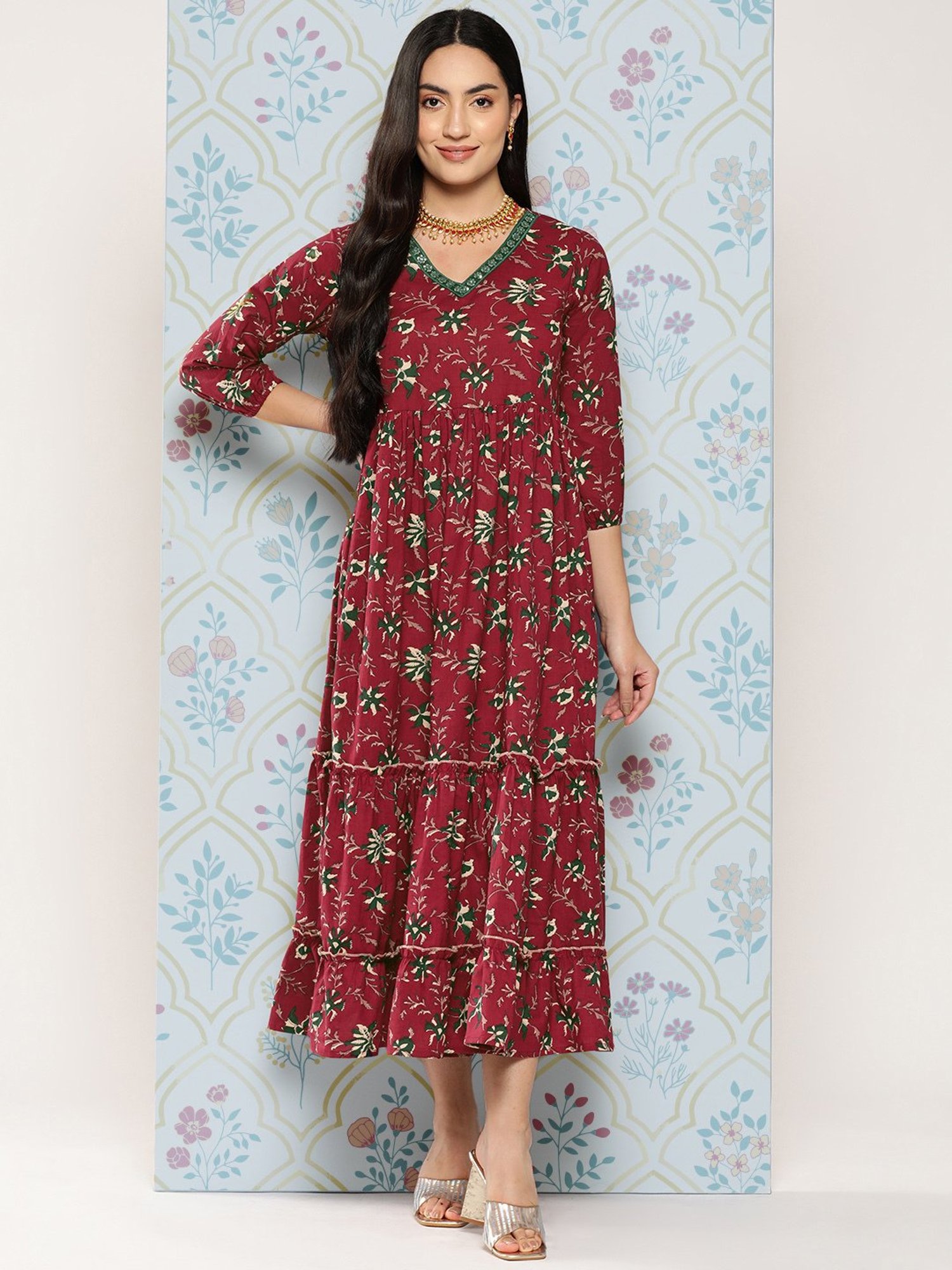 Yufta Maroon Floral Print Ethnic Dress