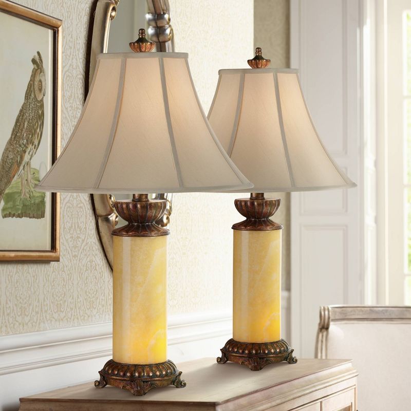Barnes and Ivy Asian Table Lamps Set of 2 Natural Onyx Stone Off White Bell Shade for Living Room Family Bedroom Nightstand