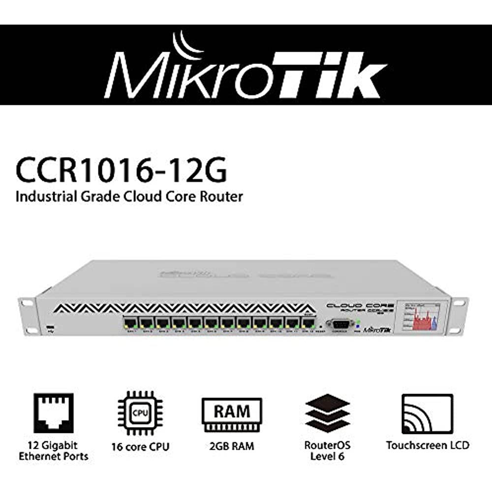 Mikrotik CCR1016-12G 12 Gigabit Ethernet Ports Industrial Grade Cloud Core Router with 16 core CPU plus 2GB RAM and Touchscreen LCD