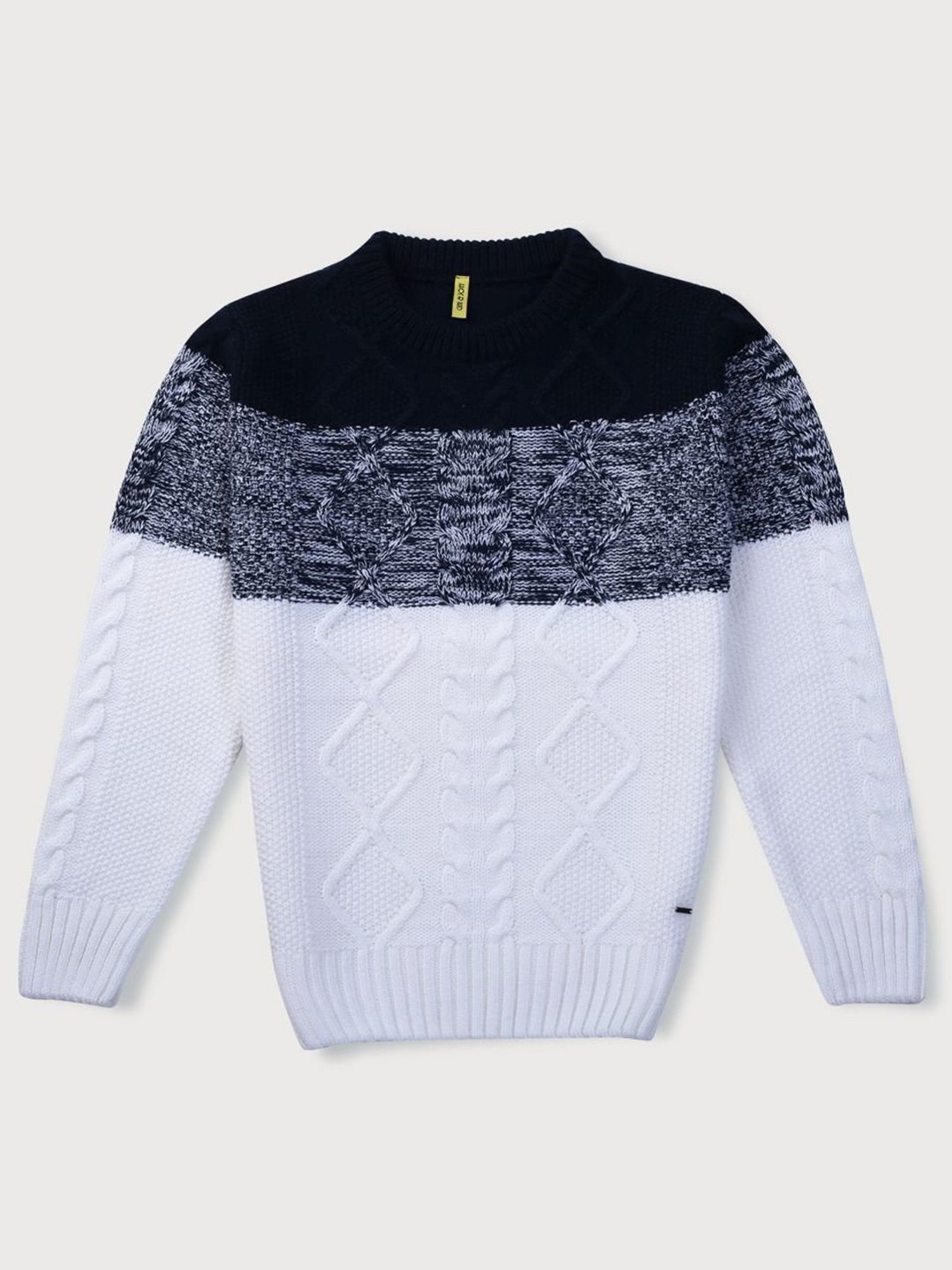 Gini & Jony Kids White & Black Cotton Color Block Full Sleeves Sweater