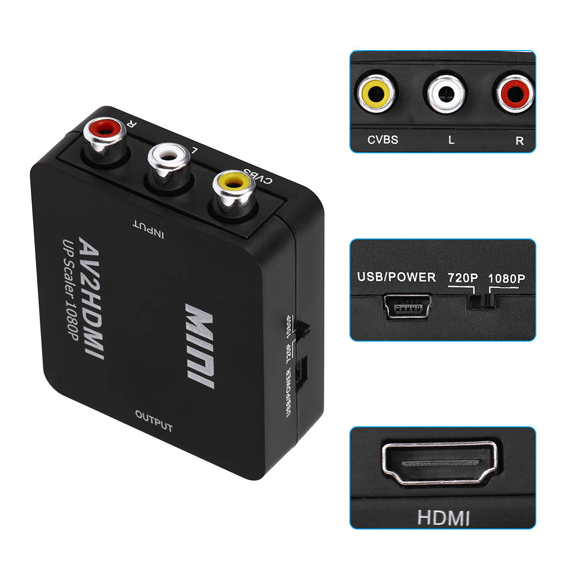 RCA to HDMI Converter Composite AV CVBS Video Adapter 720p 1080p Supporting PAL/NTSC With USB Charge Cable,Black