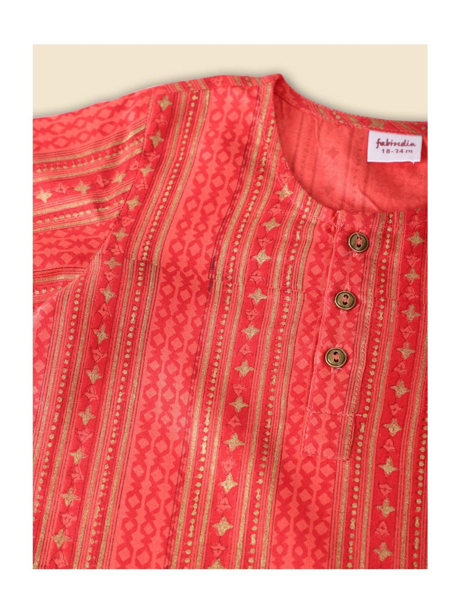 Fabindia Kids Red Printed Full Sleeves Kurta