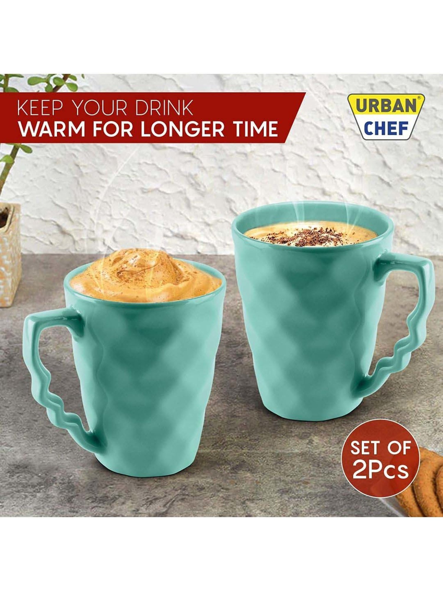 Urban Chef Blue Ceramic Prism Microwave Safe Coffee Mug With Handle (0.225 L) - Set of 2