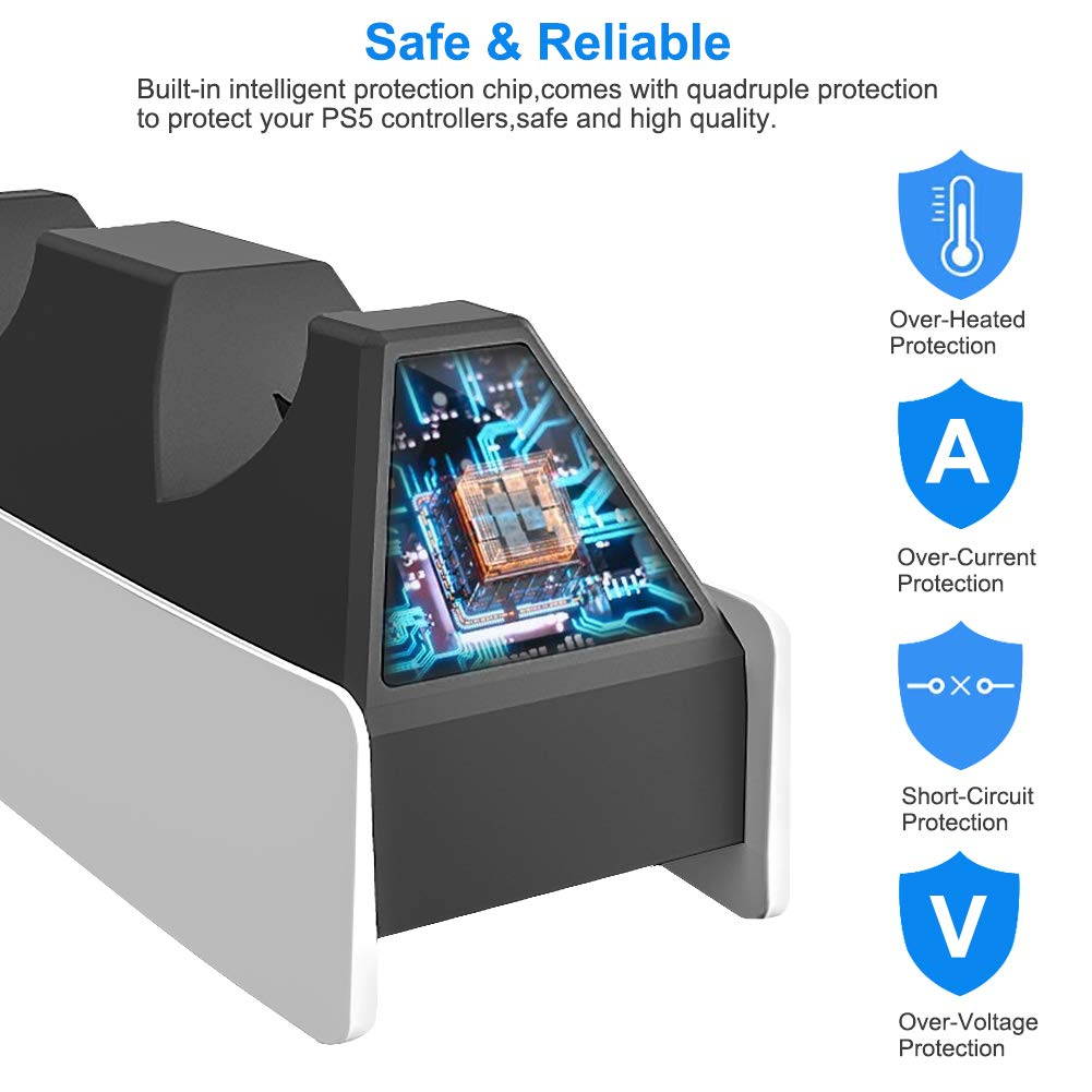 PS5 Dualsense Charging Station, PS5 Controller Charger Station with LED Indicator, Intelligent Chip Protection, USB Cable Fast Charging
