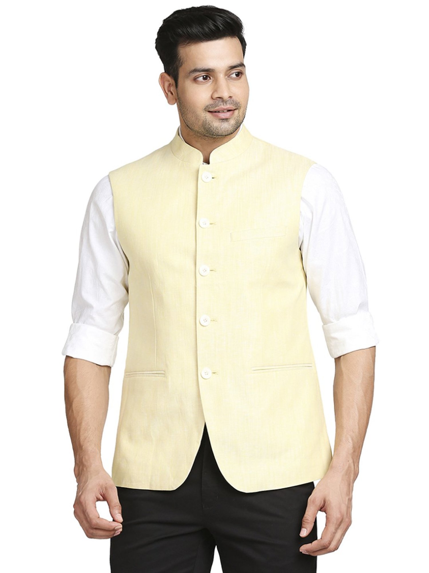 Colorplus Yellow Tailored Fit Self Pattern Nehru Jacket
