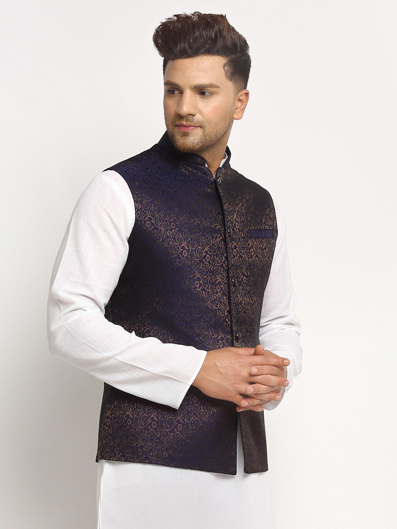 Treemoda Navy Blue Regular Fit Self Pattern Nehru Jacket